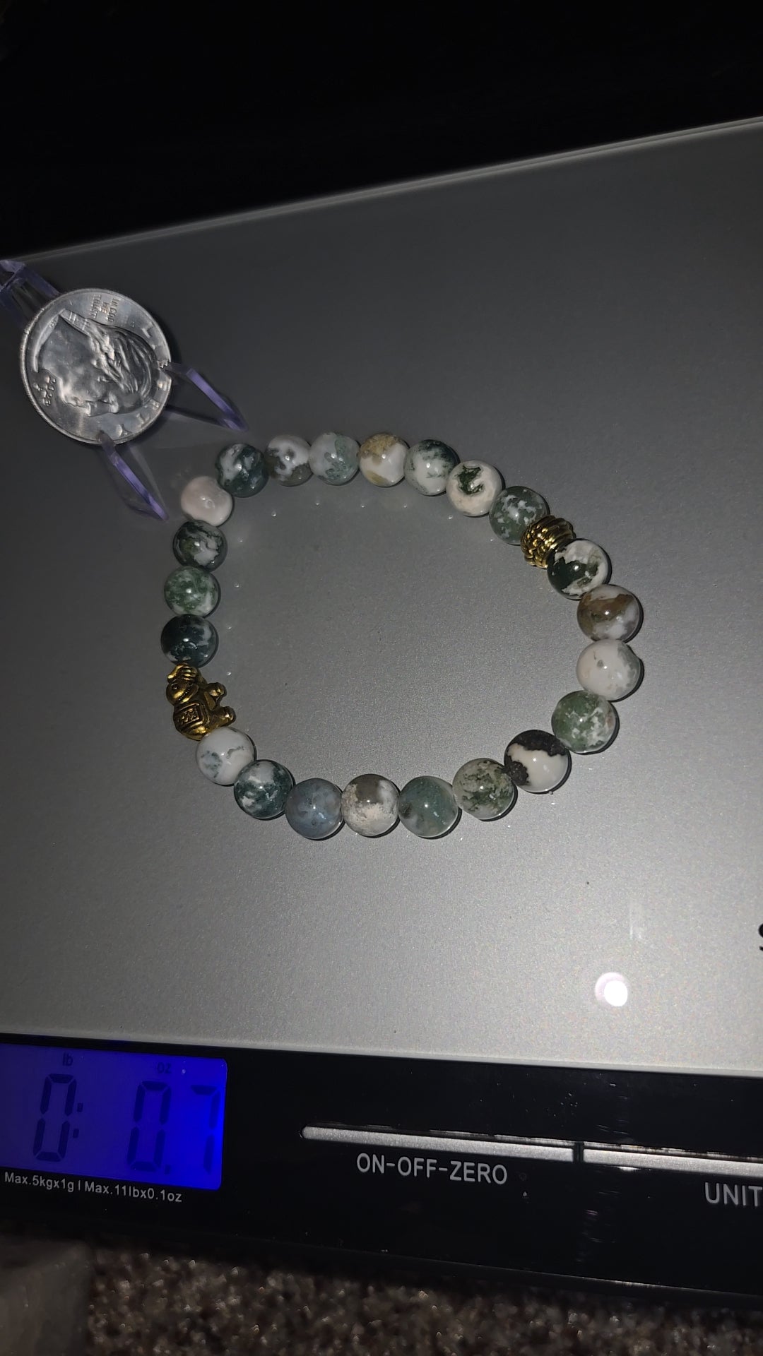 Moss agate bracelet w / gold elephant beads
