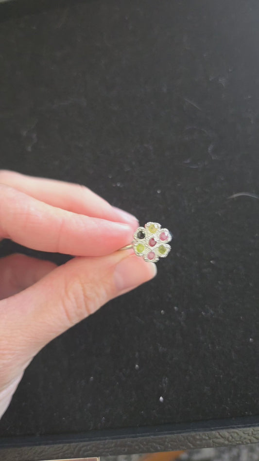 Rainbow Tourmaline flower adjustable ring