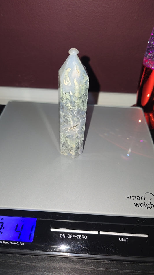 Moss Agate tower w/ druzy cave