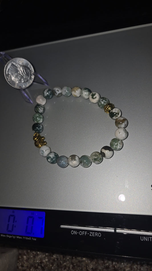Moss agate bracelet w / gold elephant beads